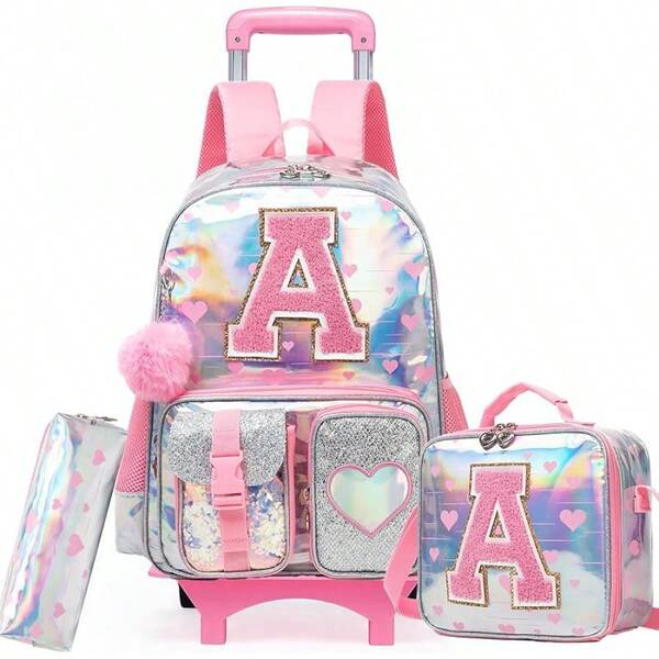 Rolling Backpack For Kids 8-12 Shoolbag With Wheels For Girls With Lunch Bag Back To School Supplies