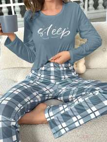 字母图案长袖上衣和裤子睡衣套装，女士睡衣，秋冬服装 - 綠色 - 查看 3