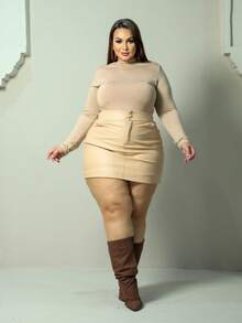 Women's Leather Skirt Plus Size Festival Look Country Curve Short Skirt Elastic Waistband 44 To 52 - Màu be - Xem 5
