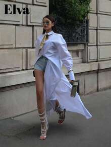 ELVA Plain Baggy Button Up Women Shirt Long Women Blouses Going Out Outfits Women Casual Outing Country Concert Outfit Music Festival Outfits Fall Women Clothes Back To School Clothes Homecoming Dresses Easter Shirt Boyfriend Casual Women Outfits - White - View 4