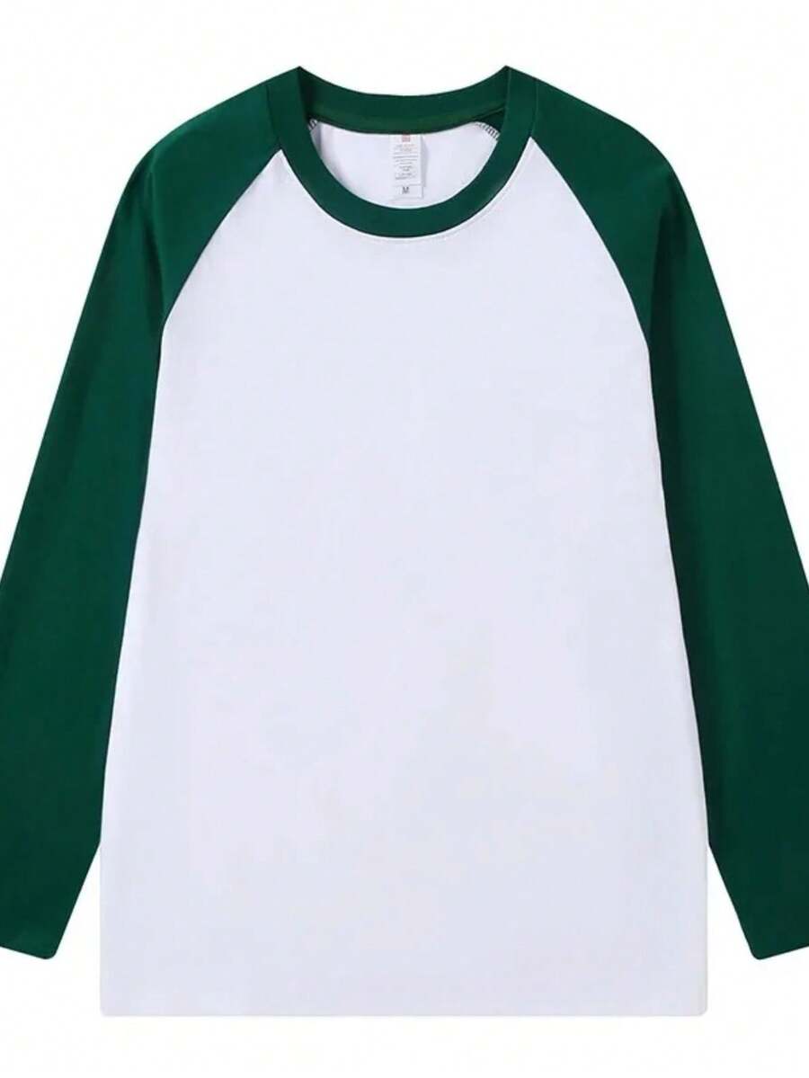 Raglan Long Sleeve T-Shirt 100% Cotton From S To Plus Size G3 - Trắng / Xanh đậm - Xem 1