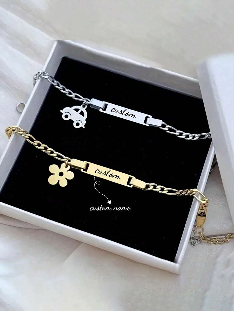 1pc Custom Engravable Girls Bracelet - 18K Gold Plated Plated Stainless Steel Cute Car & Flower Charms With Personalized Name Plate, Durable Everyday Jewelry Gift For Ages 3-17,Back To School Season