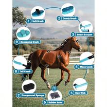 Horse Grooming Brushes Kit 8 Pieces With Organizer Bag Horse Grooming Care Series Horse Brush Sets Blue - Blue - View 2
