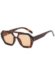 复古方形高端时尚眼镜，时尚经典装饰海洋镜片眼镜，适合日常佩戴、户外、旅行、海滩飞行员形状太阳镜 - 豹紋茶 - 查看 6