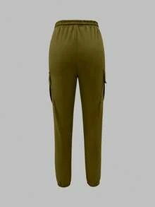 Fashionable Solid Color Casual Pocket Elastic Waist Drawstring Cargo Pants Spring - Olive Green - View 4