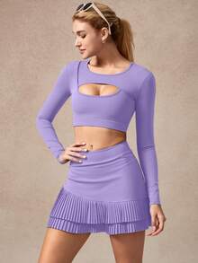 NcmRyu 1pc Women's Seamless Hollow Design Cinched Waist Tight Fit Long Sleeve Skirt Sports Set - Purple - View 5