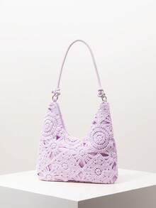 花卉镂空钩针编织单肩包、沙滩包、度假包、钩针套装、女士优雅包包、度假必备品、旅行必备品（图案随机） - 紫色 - 查看 2
