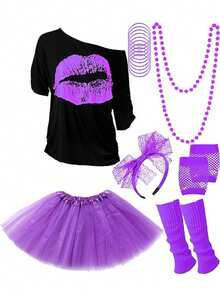 Forever & Moment 80s Outfits Costume Accessories For Women -T-Shirt, Necklace, Tutu Skirt & More For Halloween, Birthday Parties - Multicolor - View 24