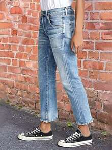 Women's Casual Washed Low Waist Straight Leg Jeans, Autumn - Navy Blue - View 3