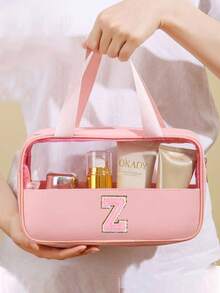 1个透明PVC字母化妆包,防水便携雪尼尔字母拉链化妆品收纳包,简约首字母贴纸旅行化妆包,女士浴室字母印花洗漱包(字母A~Z),送给妈妈的礼物,沙滩包,沙滩必备 - 粉色 - 查看 7