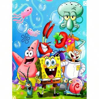 SPONGEBOB 1 件 FUGGLER 5D DIY 钻石画套件，卡通人物，钻石艺术，数字钻画 - 全圆形钻石刺绣艺术十字绣画，DIY 帆布工艺品，适合墙壁装饰和送给家人、爱人、朋友的礼物，也可用作万圣节、圣诞节装饰