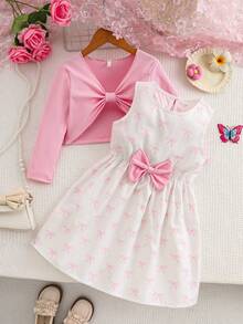 2pcs/Set Girls Back To School Spring/Autumn Short Sleeve Jacket With Bow Decor & Sleeveless Printed Dress With Waist Bow, Elegant