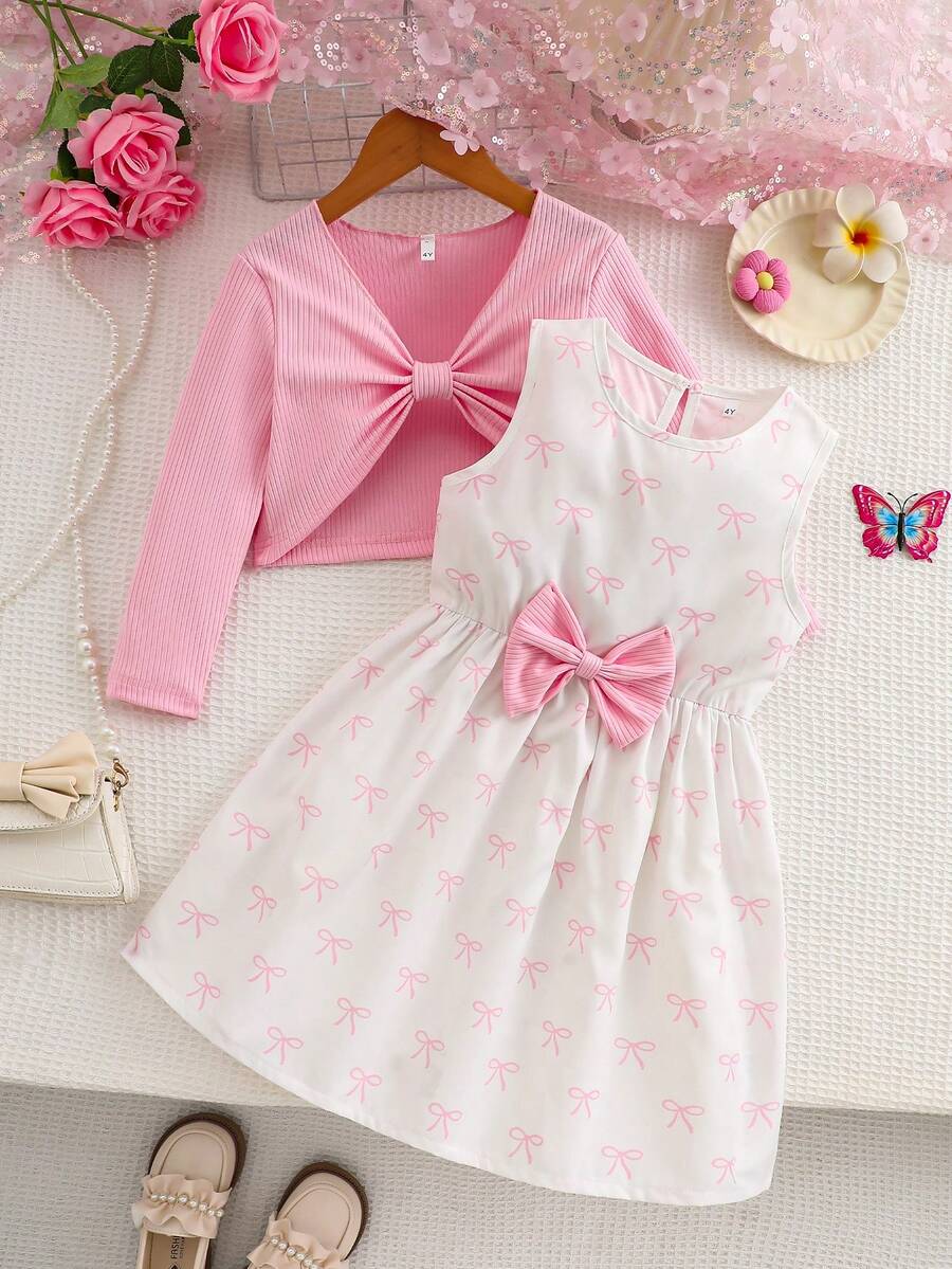 2pcs/Set Girls Back To School Spring/Autumn Short Sleeve Jacket With Bow Decor & Sleeveless Printed Dress With Waist Bow, Elegant
