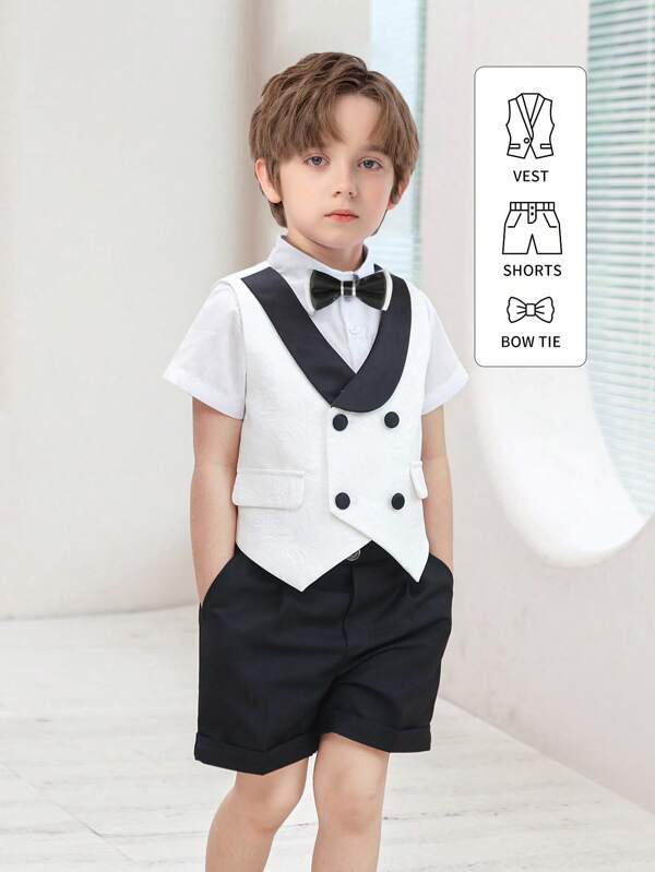 Juego de 3 piezas para niños en verano: Chaleco con cuello Mao + Pantalones cortos negros + Pajarita bicolor, adecuado para fiestas de cumpleaños, ceremonias y otras ocasiones