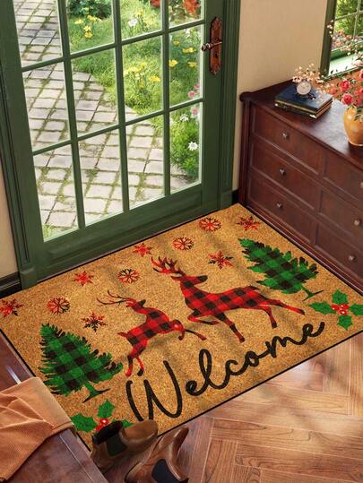 1 件有趣的圣诞驯鹿、圣诞树、雪花“欢迎”图案门垫，秋冬简约风格速干防滑可洗入口垫，适用于厨房、浴室、餐厅、走廊，适合派对、聚会、新年、所有季节、庭院装饰、家居装饰、房间装饰、派对用品圣诞装饰圣诞装饰墙面装饰