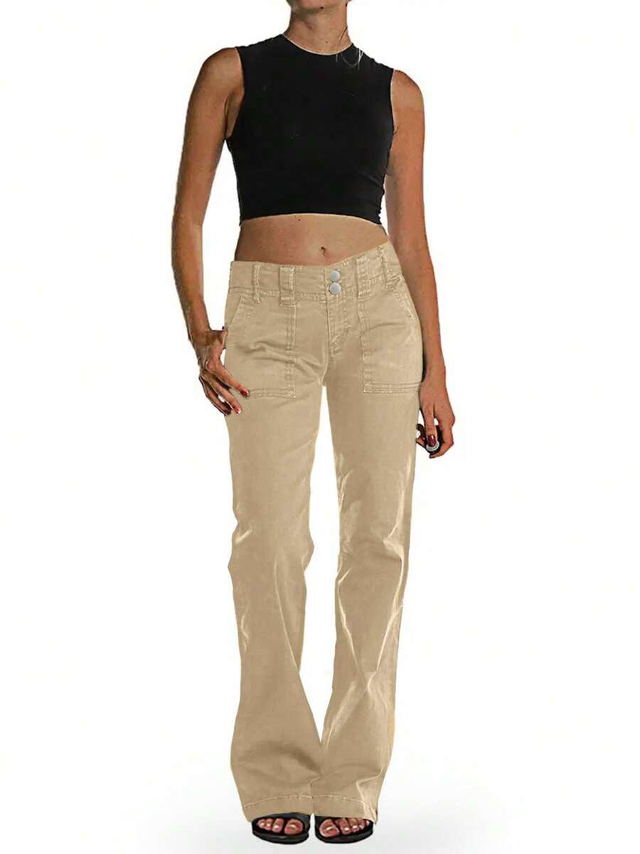 Women's High Waist Wide Leg Flare Denim Jeans, Crafted From Stretch Cotton - Rich Denim, Featuring Double - Button Closure, Patch Pockets, Gradual Flared Hem, For Retro - Inspired Casual Chic