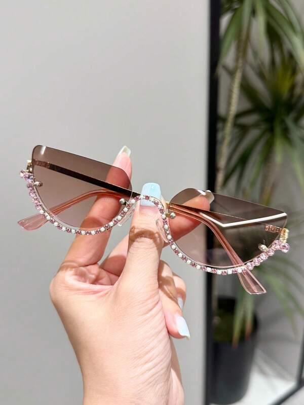 1 Par de Óculos de Moda Feminina com Armação Semirrímless de Metal Estilo Olho de Gato com Strass, Adequado para Viagens, Ciclismo, Direção, Festas e Reuniões, Formato Olho de Gato