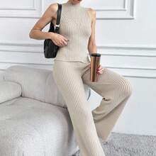 Pantaloni casual pentru femei, cu imprimeu texturat, elastici, tricotați cu nervuri, cu picior drept, cu detaliu despicat