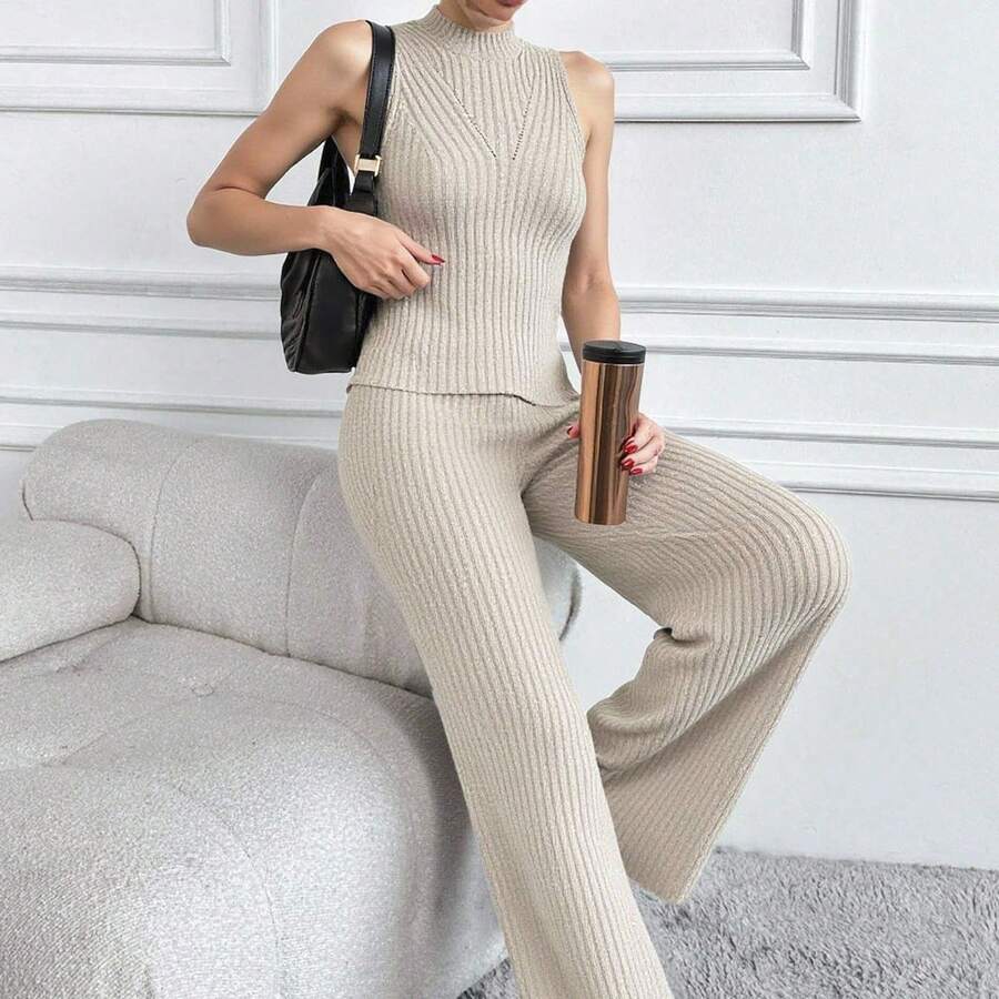 Pantaloni casual pentru femei, cu imprimeu texturat, elastici, tricotați cu nervuri, cu picior drept, cu detaliu despicat