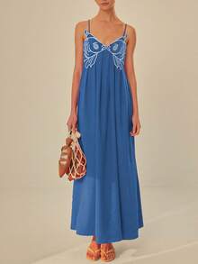 Womens Koi Fish Long Strap Dress Summer High Waist Flowy Cami Dress Spaghetti Strap V Neck Smocked Long Dress Vacation Beach Maxi Dress - 藍色 - 查看 1