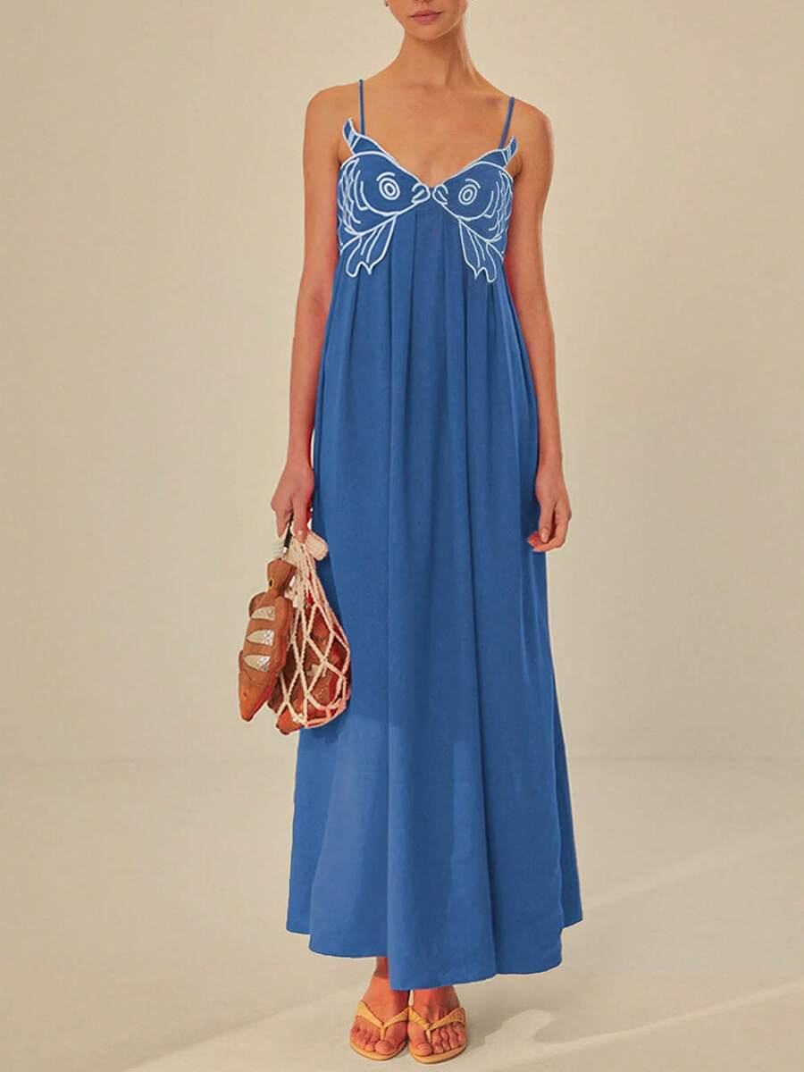 Womens Koi Fish Long Strap Dress Summer High Waist Flowy Cami Dress Spaghetti Strap V Neck Smocked Long Dress Vacation Beach Maxi Dress - 藍色 - 查看 1