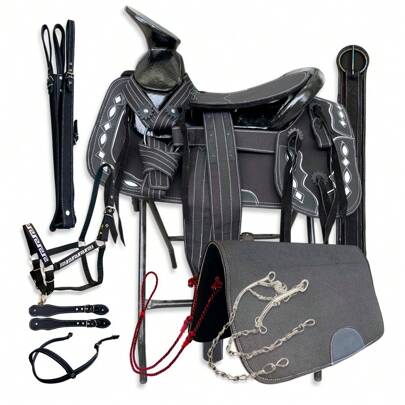 Montura Silla Charra de Lona Fuste 15" Equipada con Almartigon, Freno, Cabezada, Rienda, Carona, Pecho Pretal, Correllones y Cincho - Ligera y Resistente a la Humedad - Fuste Recomendado para Lazo