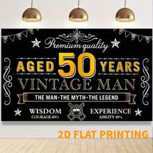 2D 1pc New Year Men's Happy 50th Birthday Banner Decor, Black & Gold Vintage 50 Years Old Birthday Backdrop Sign Party Supplies, 50th Birthday Party Photo Background Poster