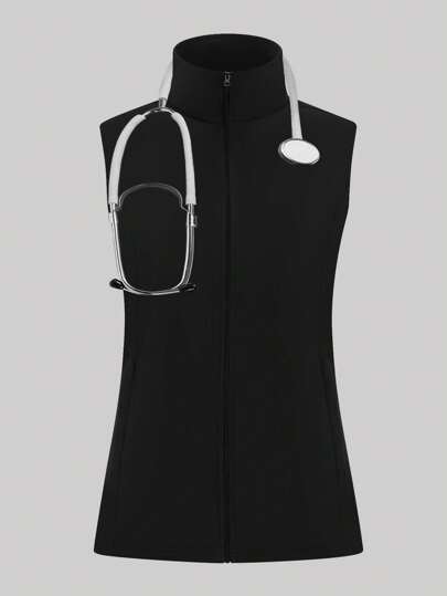 Women's Casual Commuting Open Front Sleeveless Pocket Scrubs Nurse Workwear Dentist Healthcare Pet Hospital Laboratory Vest Jacket