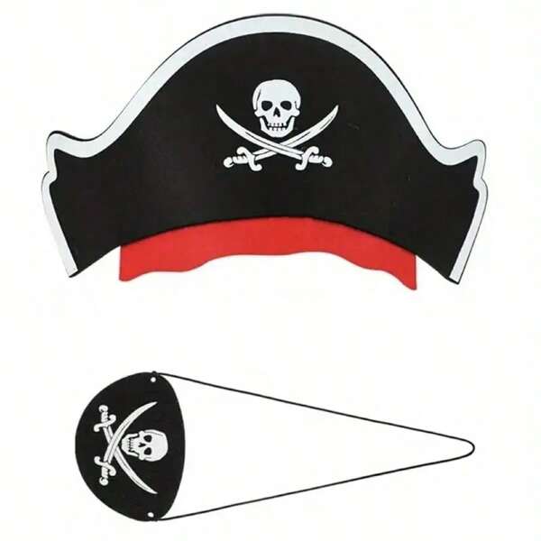 2pcs Vintage Pirate Captain Hat & Eye Patch Set - Skull Print Fabric Accessories, Elastic Fit 23-27cm, Perfect For Cosplay, Party, Travel, Beach, Outdoor, Wedding, Halloween Decoration, No Battery Required, Pirate Costume Accessories