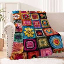 1pc Comfortable Colorful Crochet Floral Pattern Flannel Blanket, Bedroom Decor, Picnic Mat, Travel Throw, Wool Blanket, Bed Blanket, Plush Throw, Casual Blanket, Autumn Blanket, Summer Quilt, Bedroom Rug, Soft Blanket, Sofa Cover, Cool Fleece, Soft Polyester Knitted Design, Multi-Purpose, Machine Washable, Bedding, A Fluffy Blanket And Casual Throw, Ideal Gift For Family And Friends On Birthday, Anniversary, Everyday - Multicolor - View 1