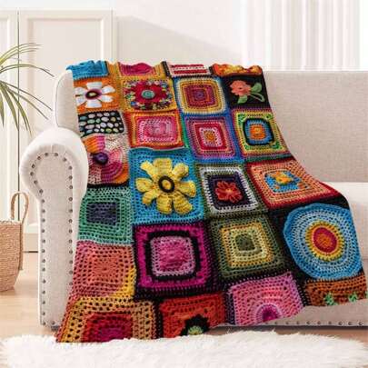 1pc Comfortable Colorful Crochet Floral Pattern Flannel Blanket, Bedroom Decor, Picnic Mat, Travel Throw, Wool Blanket, Bed Blanket, Plush Throw, Casual Blanket, Autumn Blanket, Summer Quilt, Bedroom Rug, Soft Blanket, Sofa Cover, Cool Fleece, Soft Polyester Knitted Design, Multi-Purpose, Machine Washable, Bedding, A Fluffy Blanket And Casual Throw, Ideal Gift For Family And Friends On Birthday, Anniversary, Everyday