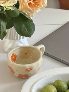 Hand-Painted Ditsy Floral Ceramic Coffee Mug, Couple Flower Pattern High-Quality Breakfast Cup, Cherry Blossom & Tulip Ceramic Teacup Back To School - Multicolor - View 2