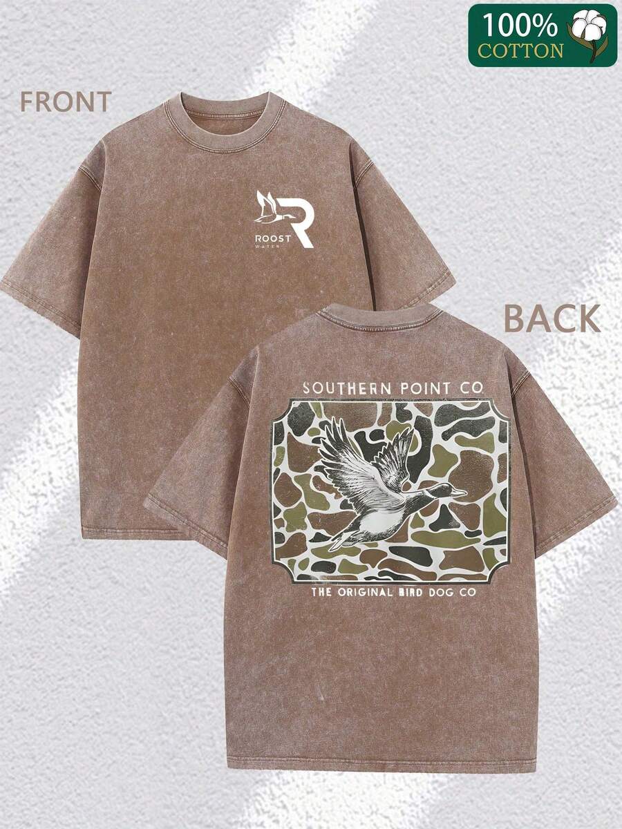 Roost Camo Shield Double-Sided Pattern Print, Fine 230g Washed Old Batik Thickened Pure Cotton T-Shirt, Women's Fashion Casual Premium Pure Cotton T-Shirt, Short Sleeve Round Neck T-Shirt - 咖啡色 - 查看 1