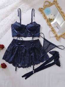 5pcs Set Lace Lingerie Set Women Going Out - Màu xanh hải quân - Xem 2