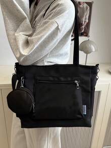 时尚女士手提包，纯色简约设计，大容量，适合上学/工作，多功能且优雅 - 黑色 - 查看 4