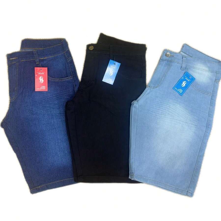 Kit 3 Men's Bermuda Jeans, Black, Light Dark, Premium, Various Washes With Elastane - Multicolor - View 1