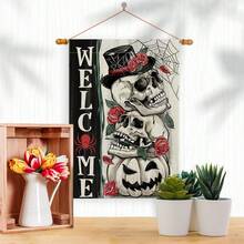 1PC Welcome Decor Garden Flag With Skull And Spider Web Design Perfect For Halloween Garden Displays In Bright Daylight Create A Spooky Atmosphere With Roses Jack Lantern And Elegant Top Hat 11.81x17.72inch - 彩色 - 查看 8