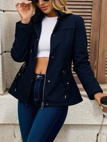 Chamarra Cazadora Larga Para Mujer Con Forro De Peluche - Azul Marino - Ver 1