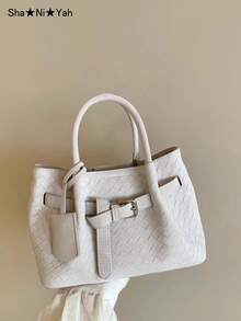 韩国手工编织手提包，时尚篮子包，通勤、购物、旅行、送礼等用途多样（配有小袋） - 淺灰紫 - 查看 1