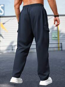 Men's Spring & Autumn Hiking Pants With Zipper Pockets & Drawstring, Straight Leg Casual Running Trousers With Striking NEON Highlight - Blue - View 4