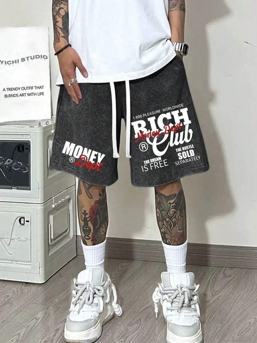 290g Washed Shorts, Double-Sided Printed With Money Aesthetics, Summer Men's Retro Washed Casual Street Sports Shorts, Comfortable And Breathable, Suitable For Daily Wear, Adjustable Drawstring Waist Circumference, Elastic Waistband And Pocket - 黑色 - 查看 1