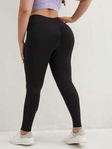 加大码高腰瑜伽紧身裤，带口袋，收腹运动跑步瑜伽裤，女款 - 黑色 - 查看 7