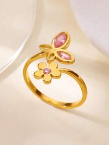 精致不锈钢蓝粉色蝴蝶花戒指，18K 镀金防褪色开口戒指，适合女士，婚礼夏季假日黄金首饰，送给妈妈/挚友的礼物