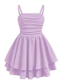 EXARUS Girls Flowy Ruffled Hem/Puff Bubble Dress Teen Ruched Summer Adjustable Spaghetti Strap Casual Cami Mini Dresses - Tím hoa oải hương - Xem 1
