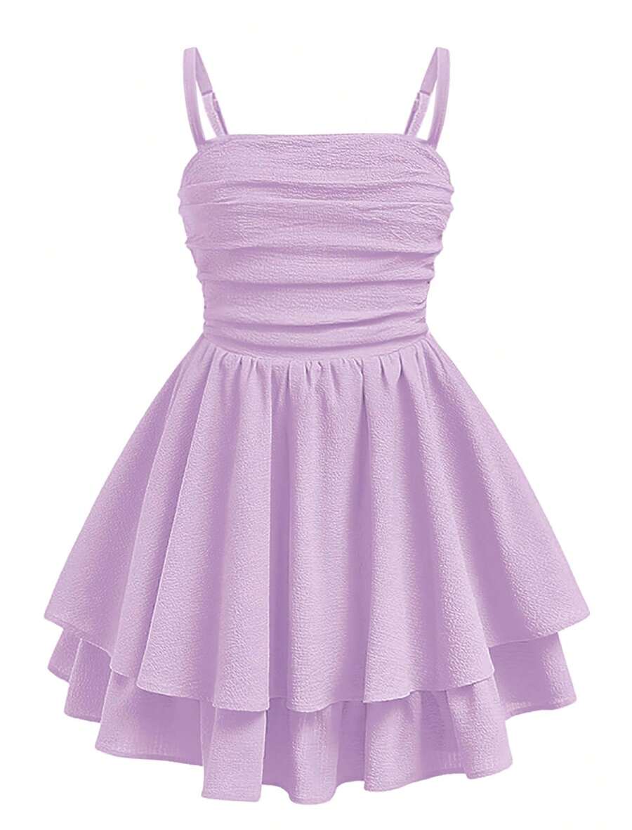 EXARUS Girls Flowy Ruffled Hem/Puff Bubble Dress Teen Ruched Summer Adjustable Spaghetti Strap Casual Cami Mini Dresses - Tím hoa oải hương - Xem 1