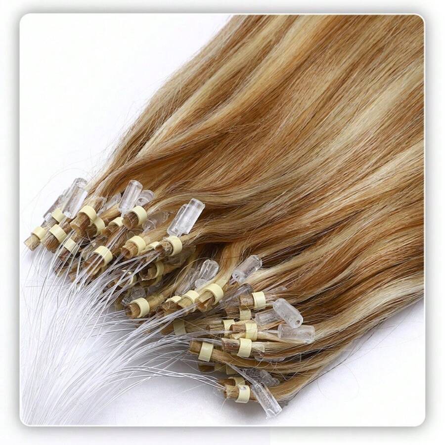 100pcs/Packung Fischleine Echtes menschliches Haar Mikroschleife Fischleine Haarverlängerungen Glattes Frauenhaar Zubehör für täglichen Gebrauch Haarverbesserung, Natürliches Aussehen, Fügt Volumen & Länge hinzu, Passend für alle Haartypen & Ethnizitäten, Längenverbesserung, Glattes Erscheinungsbild - Goldbraunbraun&Hellbraun - Übersicht 1