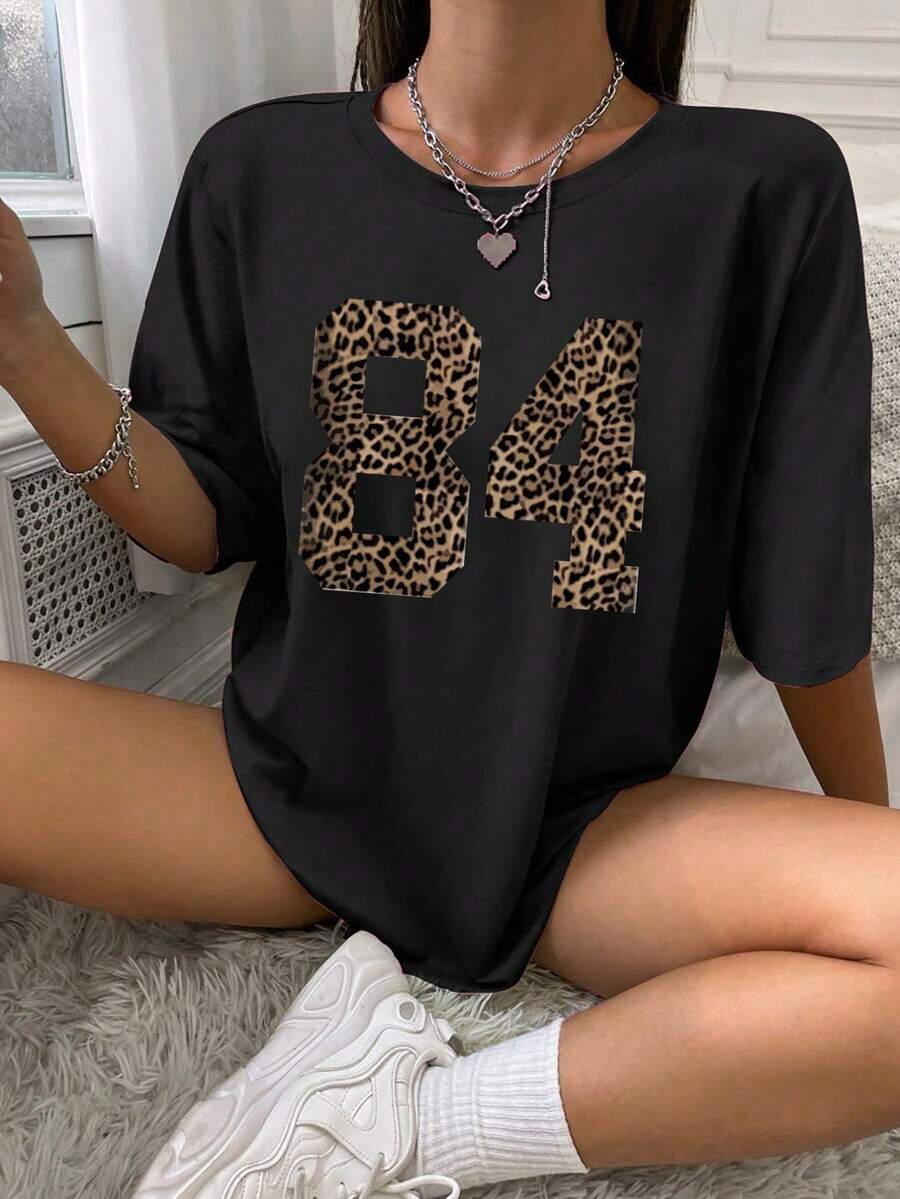 1 Pack Girls Casual Printed Crew Neck Short Sleeve T-Shirt Summer Student Youth Clothing - 黑色 - 查看 1