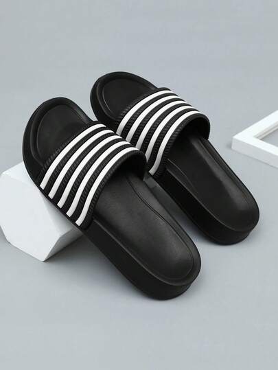 男士简约时尚条纹加大码露趾拖鞋，EVA 软底浴室沙滩拖鞋，适合室内外穿着，夏季大码 40-50 休闲户外舒适轻便防滑拖鞋，耐用男士日常穿着