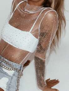 Women's Shine Rhinestone Mesh Tops Sheer Long Sleeve Tee Shirts Bodycon See Through Blouse Clubwear - White - View 1