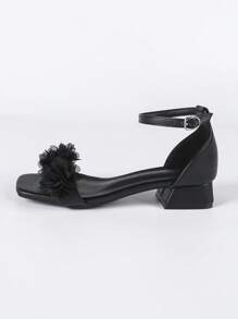 3cm Women's Black Low Heel Square Toe Bridal Sandals With Elegant Faux Pearl Flower Decor, Fashionable & Comfortable